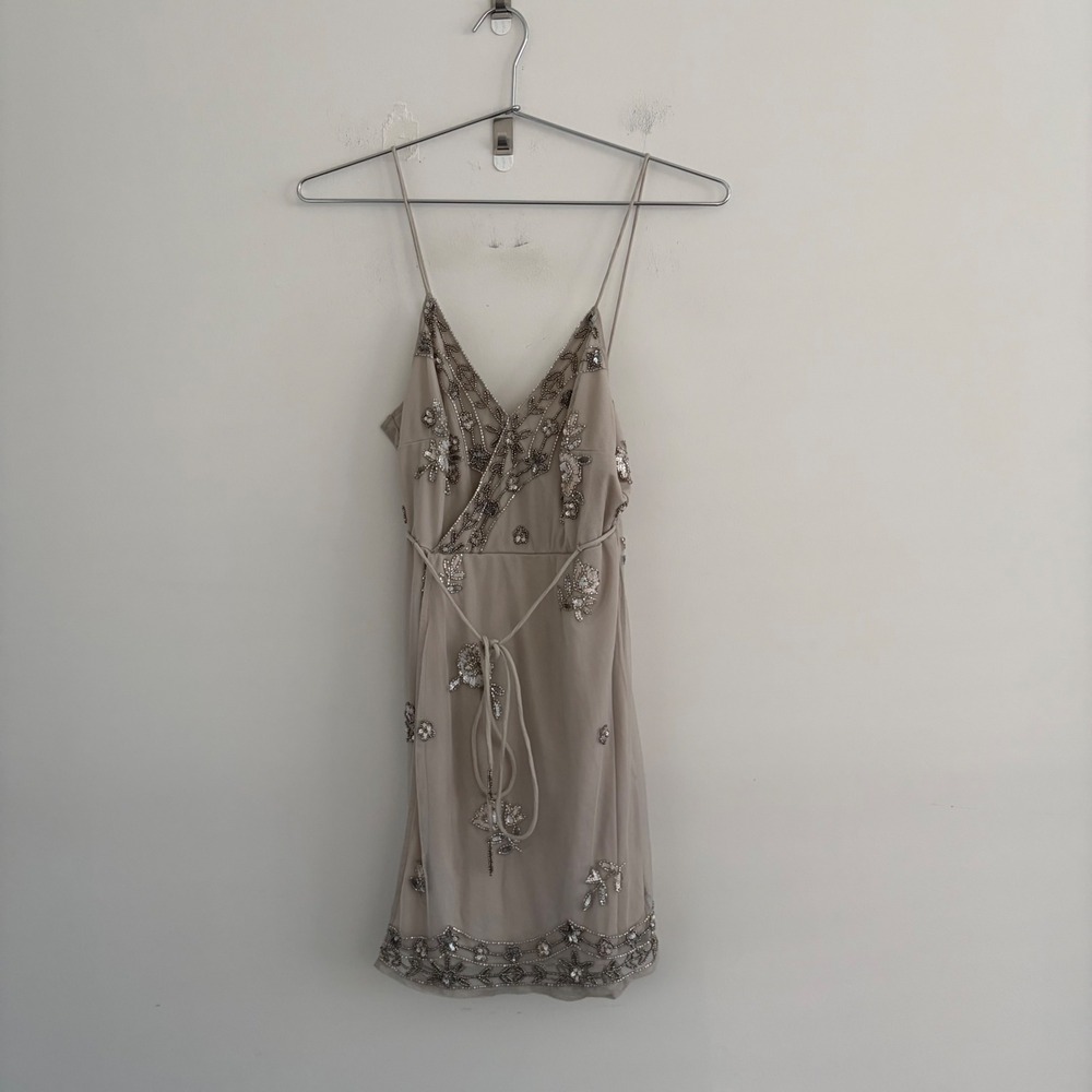 Altar'd State Beaded Sequin Mesh Mini Dress Tan XS